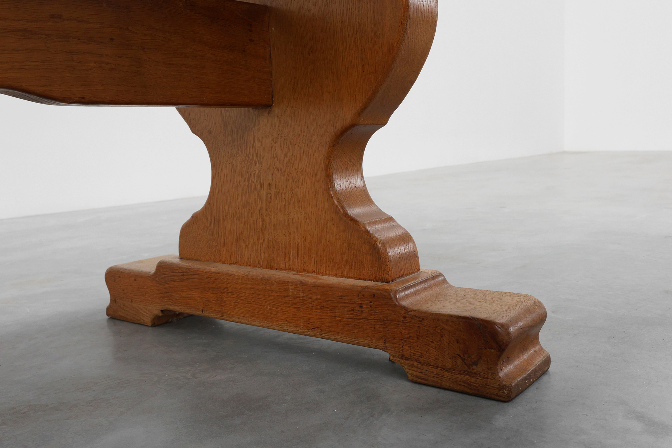 20th Century French oak trestle table with scalloped legs and plank topthumbnail